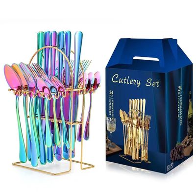 24 Piece Gold Flatware Set with Stand - Silverware Cutlery Set Including Knife, Fork, Spoon - Stainless Steel Utensils Set for 6 - Dishwasher Safe and Conveniently Hangable.- iridescent
