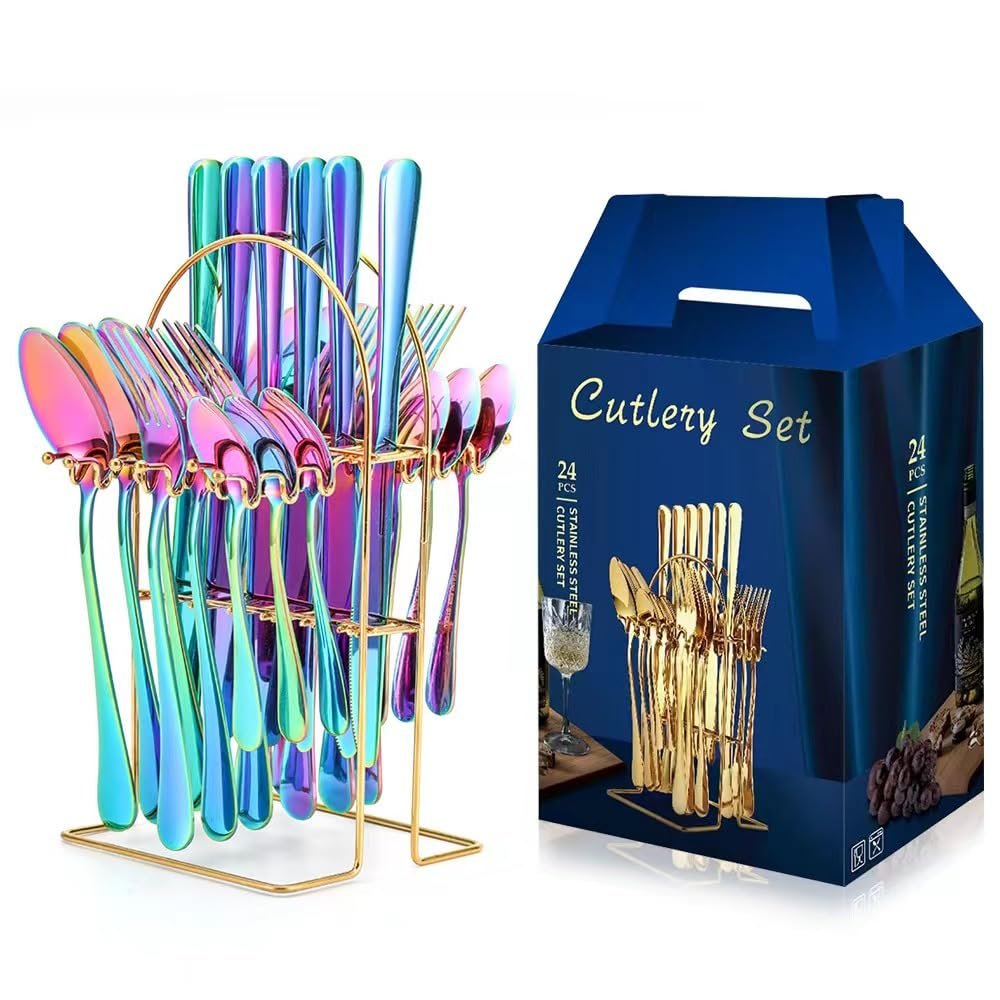 24 Piece Gold Flatware Set with Stand - Silverware Cutlery Set Including Knife, Fork, Spoon - Stainless Steel Utensils Set for 6 - Dishwasher Safe and Conveniently Hangable.- iridescent