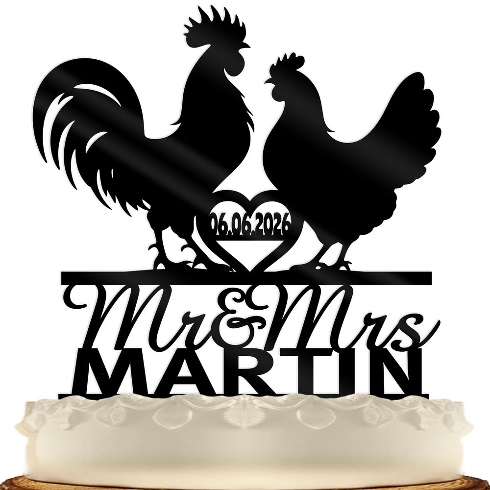 Chicken Wedding Cake Topper Personalized Customized Last Name and Date Rustic Weddings Barn Themed