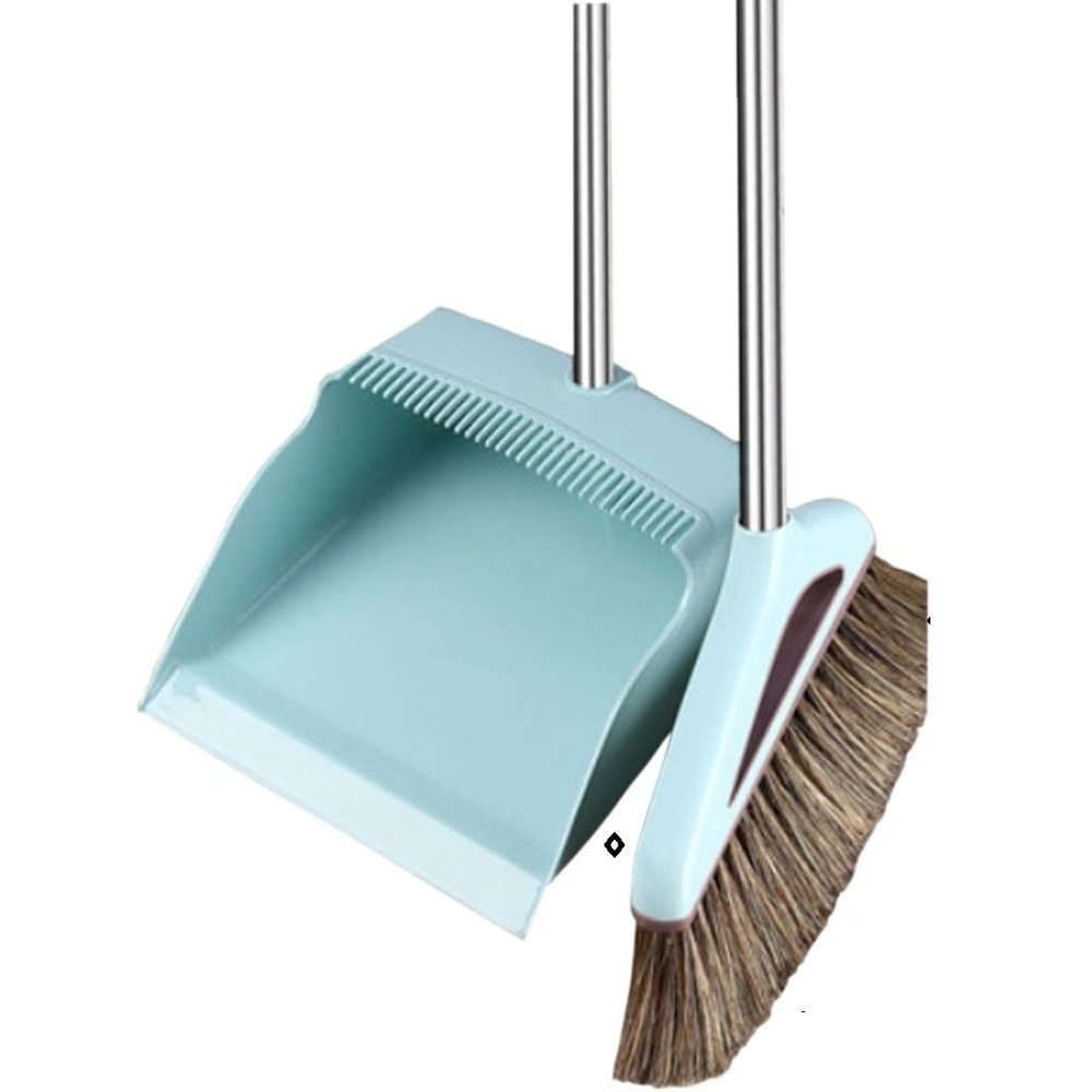 Broom and Dustpan Set Broom Dustpan Combo,Dust Pan Household Broom Mane Bristle Blue JJU Two Pcs -Square
