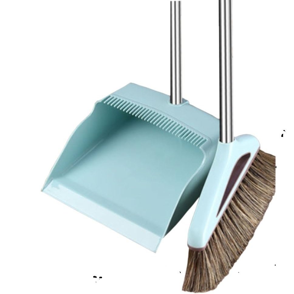 Broom and Dustpan Set Broom Dustpan Combo,Dust Pan Household Broom Mane Bristle Blue RVR Two Pcs -Square