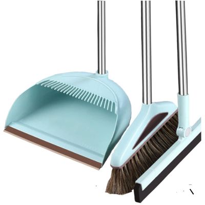 Broom and Dustpan Set Broom Dustpan Combo,Dust Pan Household Broom Mane Bristle Floor Squeegee Blue TT Three Pcs -Round