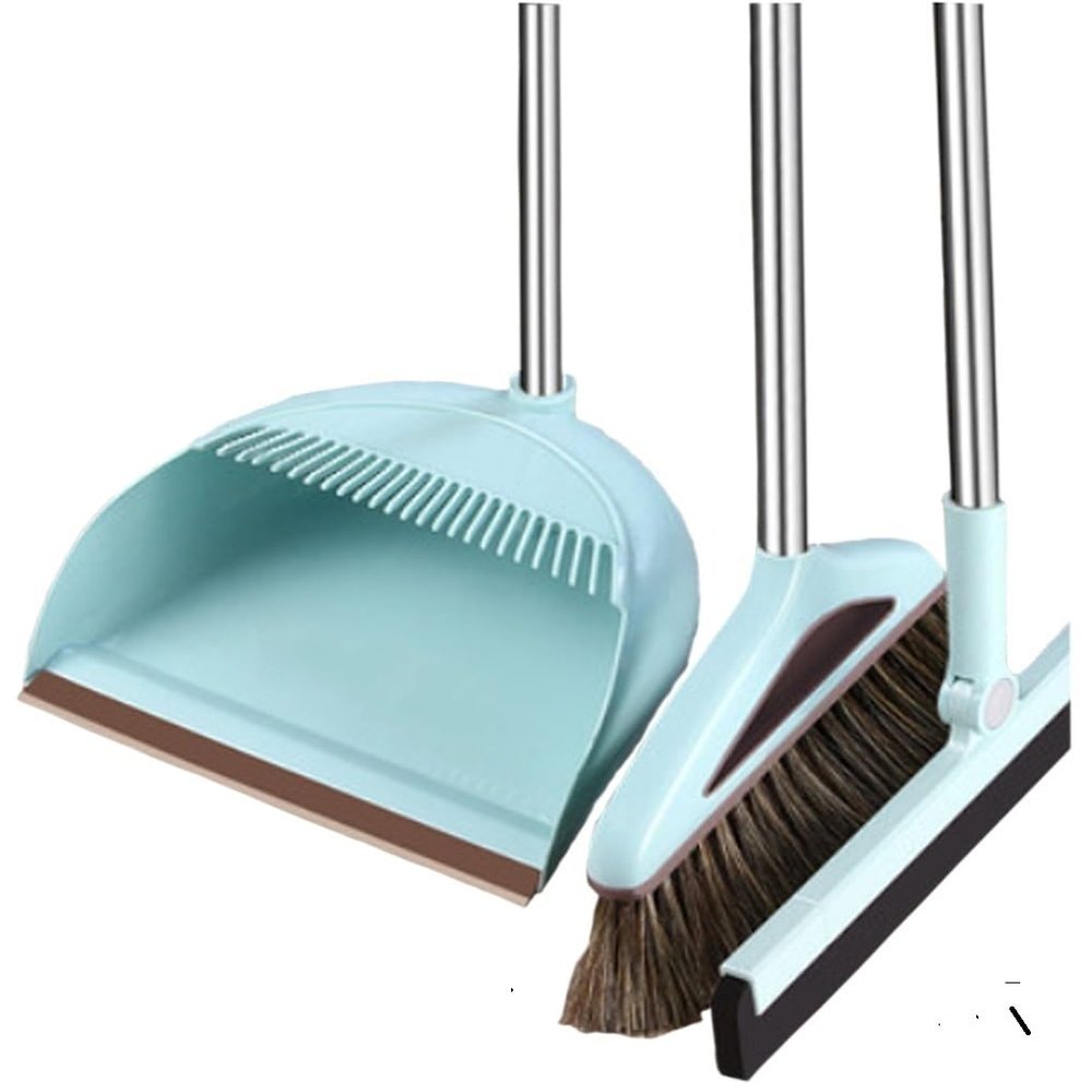Broom and Dustpan Set Broom Dustpan Combo,Dust Pan Household Broom Mane Bristle Floor Squeegee Blue TT Three Pcs -Round