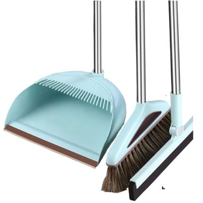 Broom and Dustpan Set Broom Dustpan Combo,Dust Pan Household Broom Mane Bristle Floor Squeegee Blue UYU Three Pcs -Round