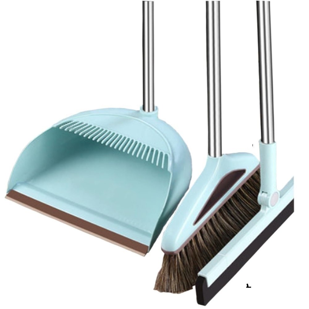 Broom and Dustpan Set Broom Dustpan Combo,Dust Pan Household Broom Mane Bristle Floor Squeegee Blue UYU Three Pcs -Round
