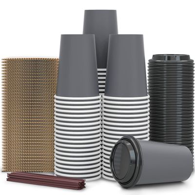 100 Pack - 12 oz Disposable Coffee Cups To Go with Lids Sleeves and Straws 100% Biodegradable & Compostable Pla Eco Friendly Paper Coffee Cups for Tea Coffee Hot Chocolate
