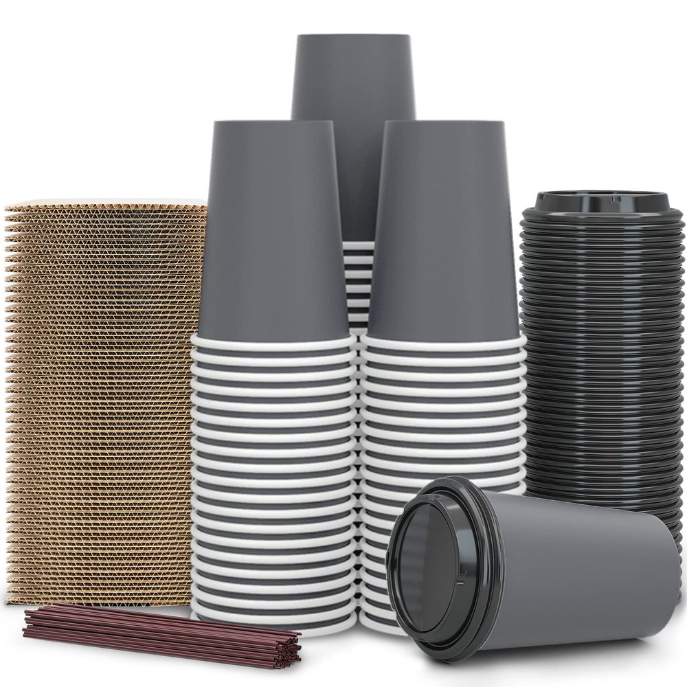 100 Pack - 12 oz Disposable Coffee Cups To Go with Lids Sleeves and Straws 100% Biodegradable & Compostable Pla Eco Friendly Paper Coffee Cups for Tea Coffee Hot Chocolate