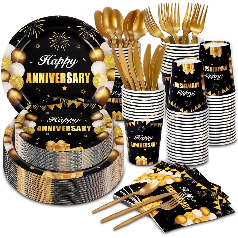 168Pcs Black and Gold Party Supplies Tableware Set Happy Anniversary Plates, Knife,Forks,Spoons, Cups and Napkins Table Decorations for Anniversary Wedding Birthday Party Decorations, 24 Guests