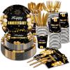 168Pcs Black and Gold Party Supplies Tableware Set Happy Anniversary Plates, Knife,Forks,Spoons, Cups and Napkins Table Decorations for Anniversary Wedding Birthday Party Decorations, 24 Guests view 1