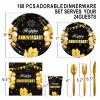 168Pcs Black and Gold Party Supplies Tableware Set Happy Anniversary Plates, Knife,Forks,Spoons, Cups and Napkins Table Decorations for Anniversary Wedding Birthday Party Decorations, 24 Guests view 2