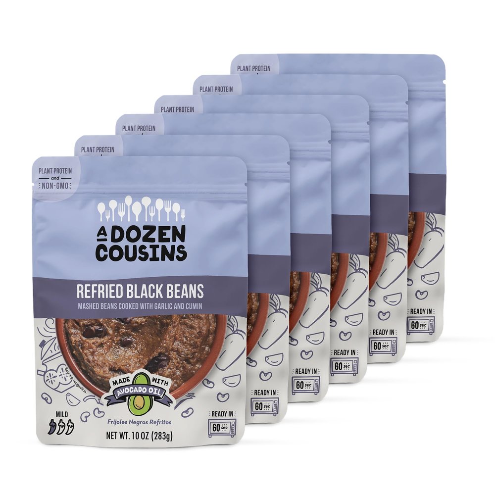 A Dozen Cousins Vegan Refried Black Beans 6pk, Seasoned Healthy Microwave Beans in Avocado Oil, Ready to Eat Prepared Food, Easy Plant Protein with Fiber, Gluten Free Quick Meal, Clean Ingredients