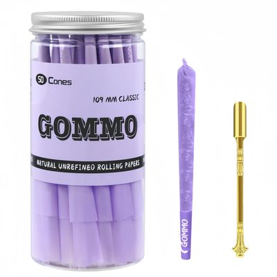 GOMMO 50 Pack Pre Rolled Cones King Size Cones Rolling Paper 109mm Natural Purple Rolling Papers with Golden Packing Spoon Included