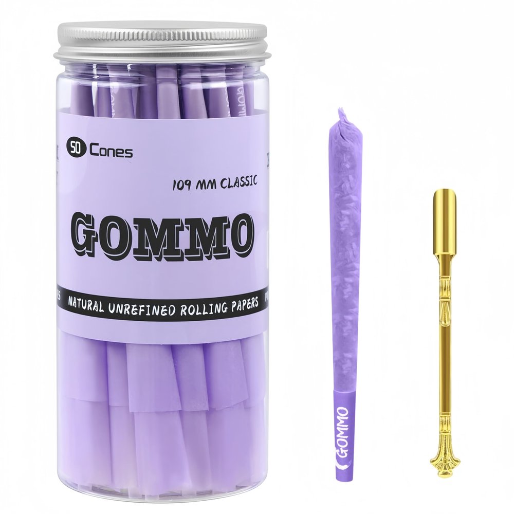 GOMMO 50 Pack Pre Rolled Cones King Size Cones Rolling Paper 109mm Natural Purple Rolling Papers with Golden Packing Spoon Included