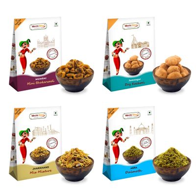 Classic Indian Snacks Combo: Bhakarwadi from Mumbai, Kachori from Jamnagar, Mix Mixture from Jamshedpur, Dalmoth from Agra | Authentic Indian Snacks|