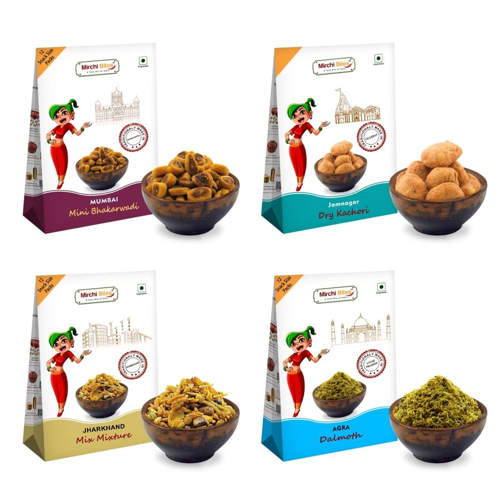 Classic Indian Snacks Combo: Bhakarwadi from Mumbai, Kachori from Jamnagar, Mix Mixture from Jamshedpur, Dalmoth from Agra | Authentic Indian Snacks|