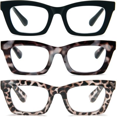 REAVEE 3 Pack Oprah Style Reading Glasses for Women Blue Light Blocking, Cute Oversized Square Computer Readers with Spring Hinge 0.0