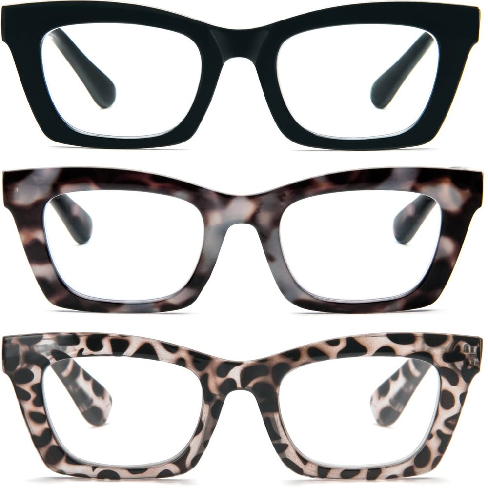 REAVEE 3 Pack Oprah Style Reading Glasses for Women Blue Light Blocking, Cute Oversized Square Computer Readers with Spring Hinge 0.0