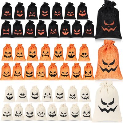 48 Pumpkin Burlap Candy Bags - 16 Styles, 4 x 6 Inch, Bulk with Drawstring, Trick or Treat Bags for Kids Halloween Party (Black, Orange, Beige)