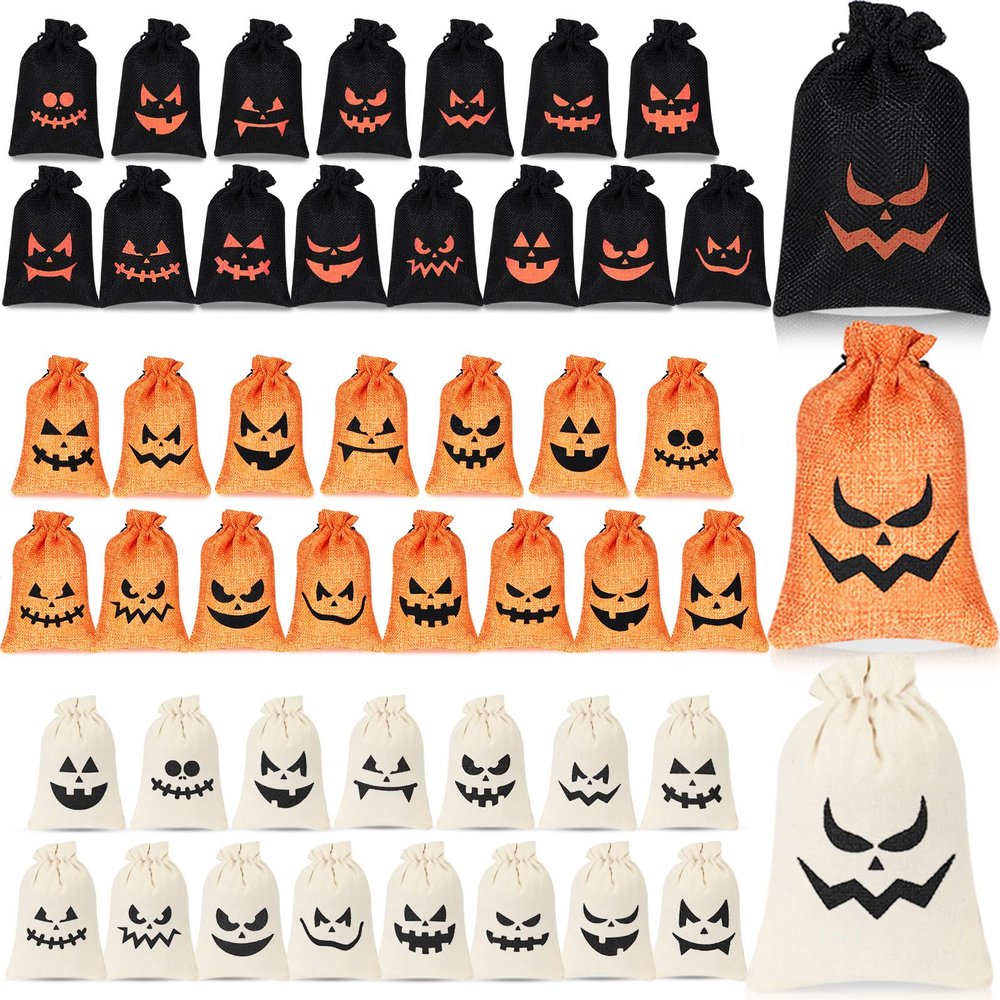 48 Pumpkin Burlap Candy Bags - 16 Styles, 4 x 6 Inch, Bulk with Drawstring, Trick or Treat Bags for Kids Halloween Party (Black, Orange, Beige)