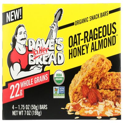 Dave's Killer Bread Organic Snack Bar, Oat-Rageous Honey Almond, 22g Whole Grains, No Artificial Ingredients or Preservatives, Kosher, USDA Certified Organic, Non-GMO, 4 Count, 7 Ounce (Pack of 6)