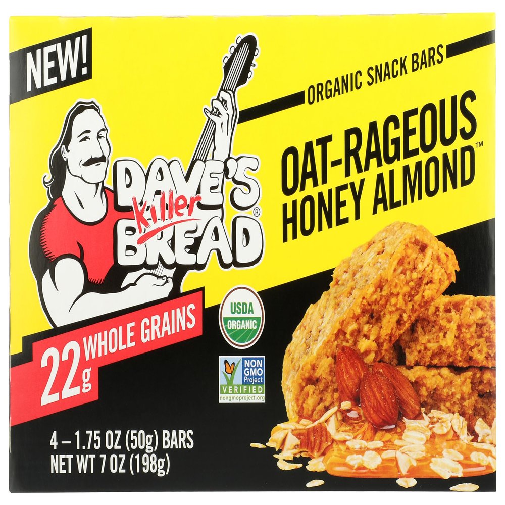 Dave's Killer Bread Organic Snack Bar, Oat-Rageous Honey Almond, 22g Whole Grains, No Artificial Ingredients or Preservatives, Kosher, USDA Certified Organic, Non-GMO, 4 Count, 7 Ounce (Pack of 6)