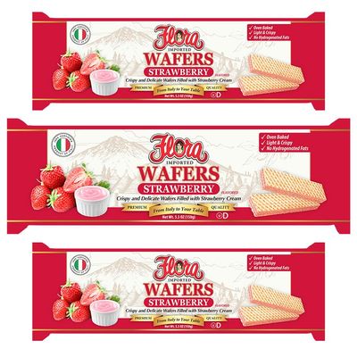 Flora Italian Wafers Strawberry Crispy Italian Wafers Filled with Strawberry Cream Oven-Baked No Hydrogenated Fats 5.3 oz (150g)