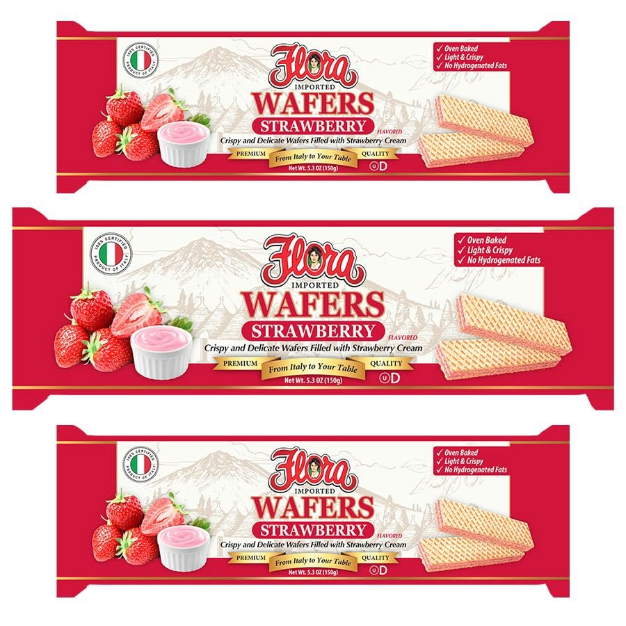 Flora Italian Wafers Strawberry Crispy Italian Wafers Filled with Strawberry Cream Oven-Baked No Hydrogenated Fats 5.3 oz (150g)