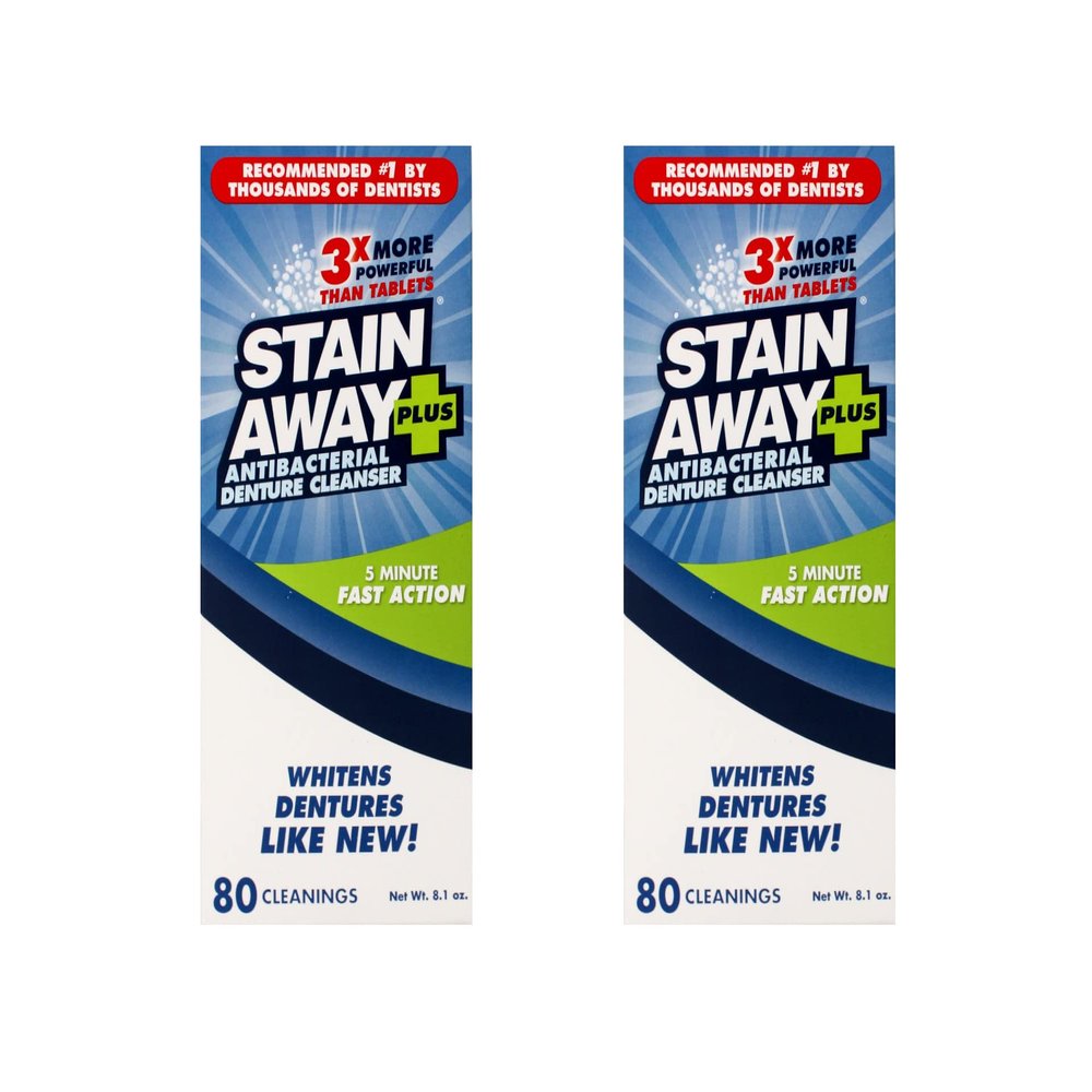 Stain Away Plus Antibacterial Denture Cleanser, 3X More Powerful Than Tablets, Whitens Dentures Like New, 5 Minute Fast Action, Clean Mint Taste, 80 Cleanings, 8.1 oz (Pack of 2)