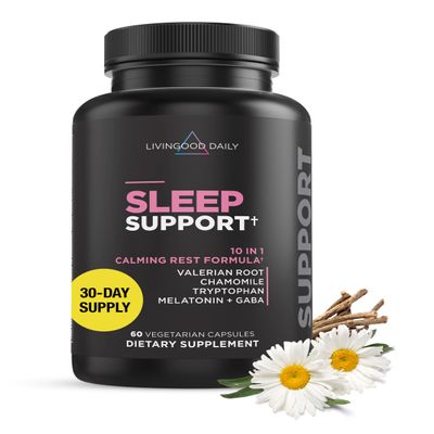 Livingood Daily Sleep Support Supplement, 10-in-1 Natural Sleep Aid with 5 MG Melatonin, Valerian Root, Chamomile, Tryptophan & GABA for Men & Women, Non Habit Forming, Gluten Free, Vegan, 60 Capsules