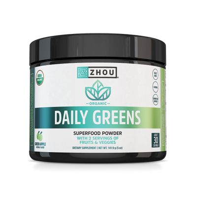 Zhou Organic Daily Greens Powder - Greens Superfood Powder for Juice, Smoothie, Super Food Drink Mix with Spirulina & Kale, Vegetables Supplement - Green Apple Flavor, 5 oz (30 Servings)