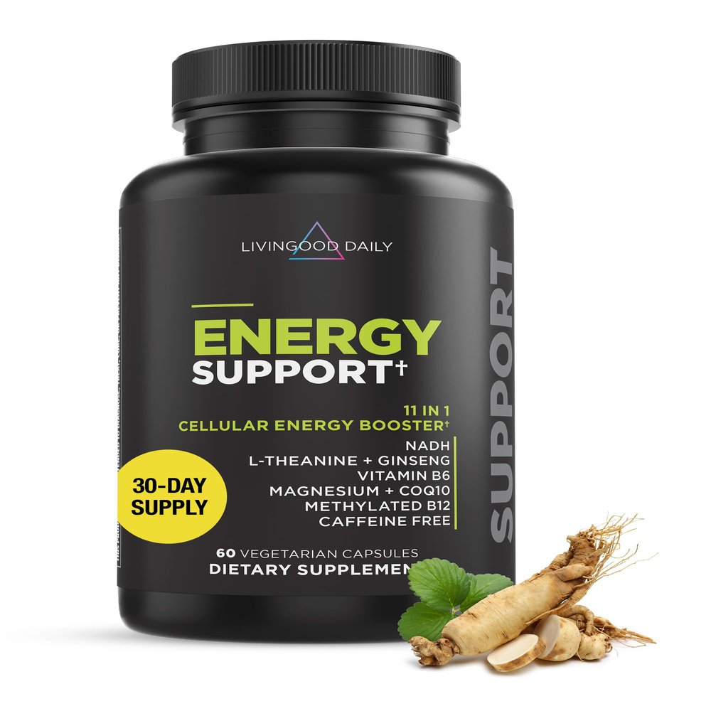 Livingood Daily Energy Support, 11-in-1 Supplement with Magnesium, Vitamin B6, B12, Amino Acids, L Carnitine, CoQ10, Ginseng & L Theanine, Supports Natural Energy for Men & Women, Vegan, 60 Capsules