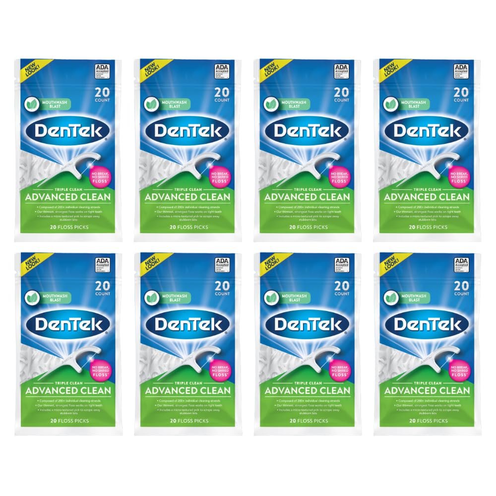 DenTek Triple Clean Advanced Clean Floss Picks, No Break & No Shred Floss, 20 Count (Pack of 8)