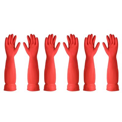 BAMFY 3 Pairs Dishwashing Gloves Reusable Long Rubber Gloves Keep Kitchen Clean Perfect for Dishes and Housework (Color : Red A, Size : Medum)