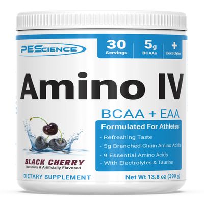 PEScience Amino IV BCAA & EAA Powder, Essential Amino Acids, Taurine, Electrolytes for Hydration and Muscle Recovery, Sugar Free for Men & Women, Post Workout - Black Cherry - 30 Servings