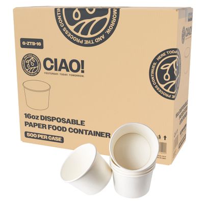 CIAO! 16OZ Disposable White Paper Food Container, 115mm Diameter, Lids Sold Separately (500/case)