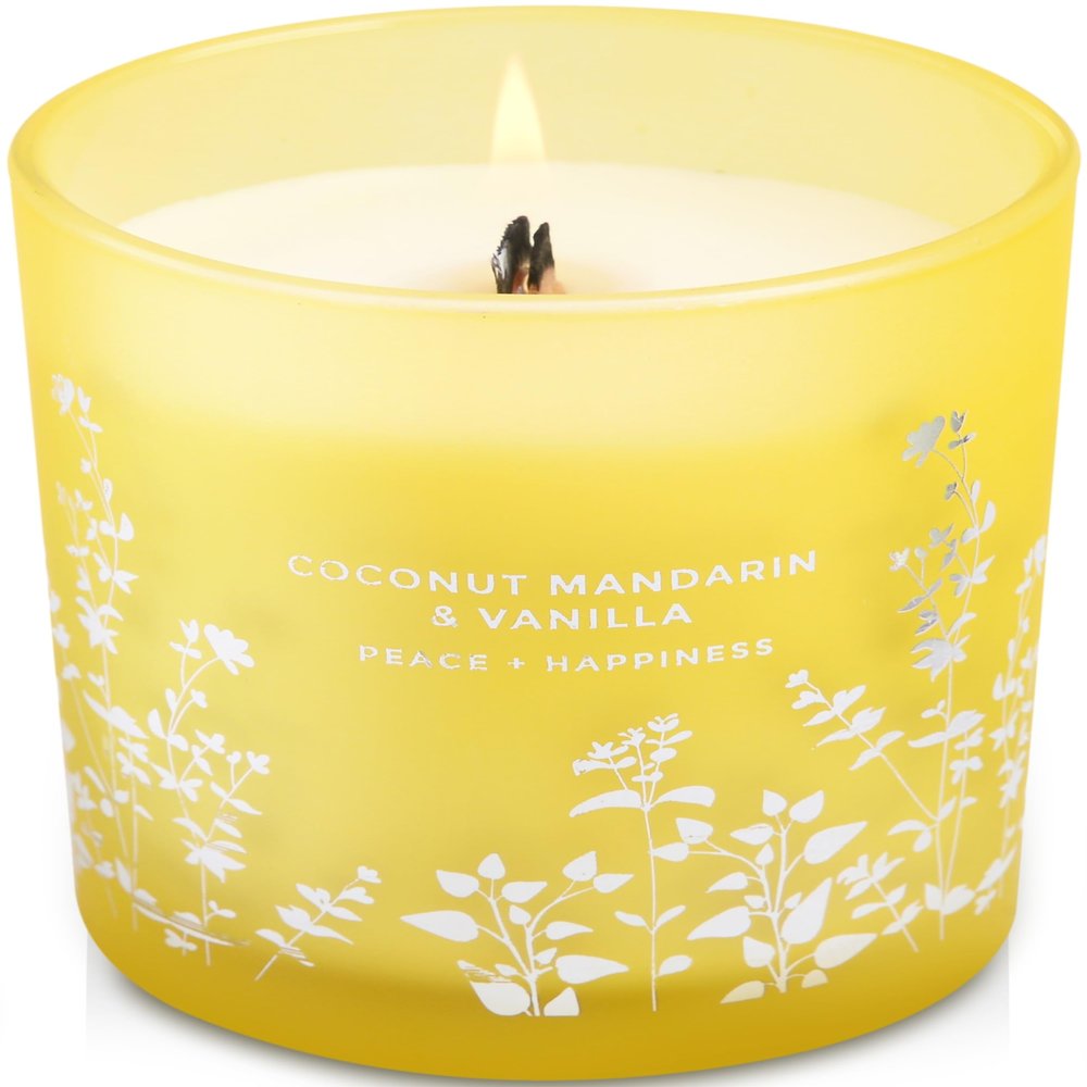 Coconut Mandarin Vanilla Wood Wick Soy Scented Candle, 10.6 oz | Tropical Coconut Citrus Aromatherapy Candle for Home | Highly Scented, Long-Lasting Clean Burn