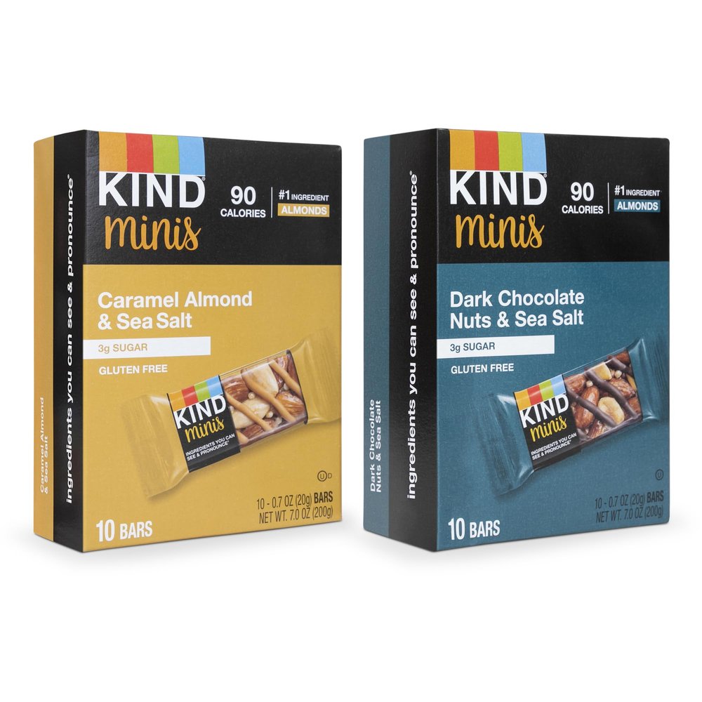 Kind Minis, Variety Pack. Contains 1 Caramel Almond & Sea Salt, and 1 Dark Chocolate Nuts & Sea Salt, Low Calorie, Gluten Free, Low Sugar, Healthy Snacks, Ilios Packaging. [20 Bars]