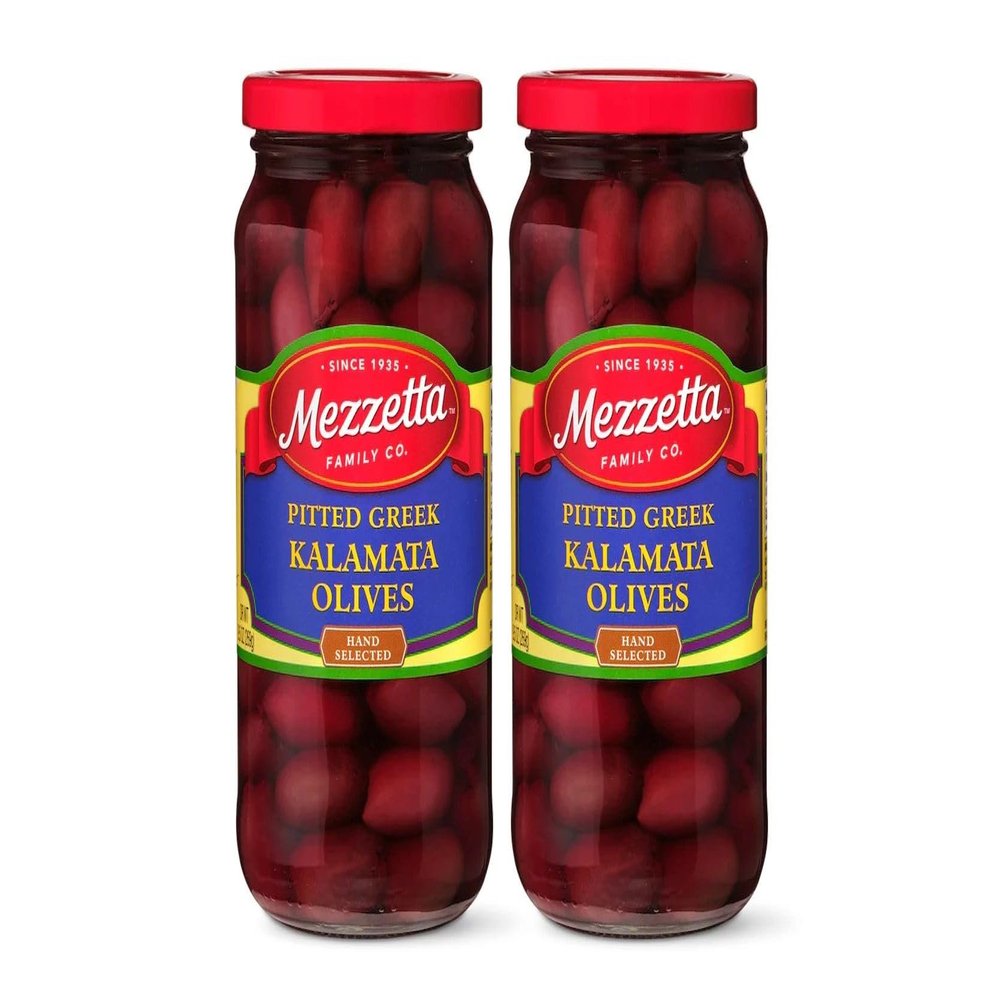 Mezzetta Pitted Greek Kalamata Olives - Rich Purple Olives from Greece for Mediterranean Recipes & Snacking - Convenient Pitted Olives for Easy Use - Succulent and Delicious - 9.5 Oz Jar - Pack of 2