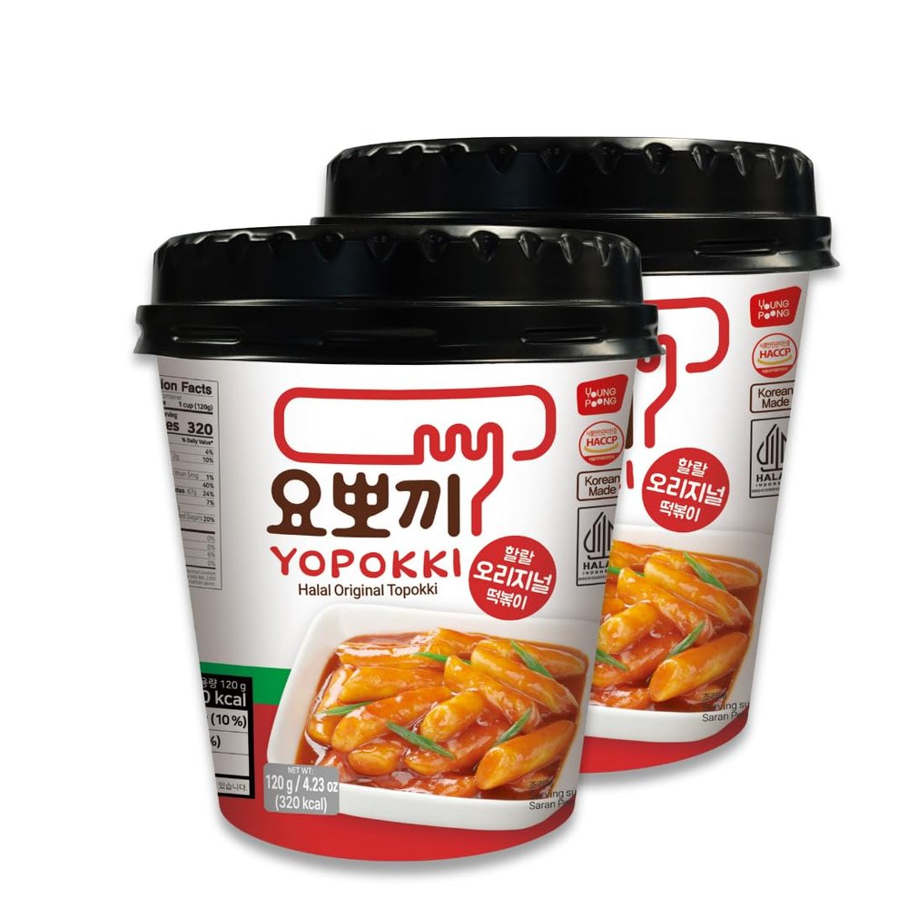 Yopokki Halal Tteokbokki Cup (Original, 2-Pack)  Microwaveable Korean Rice Cake with Mild & Savory Sauce  Quick, Easy, and Halal-Friendly