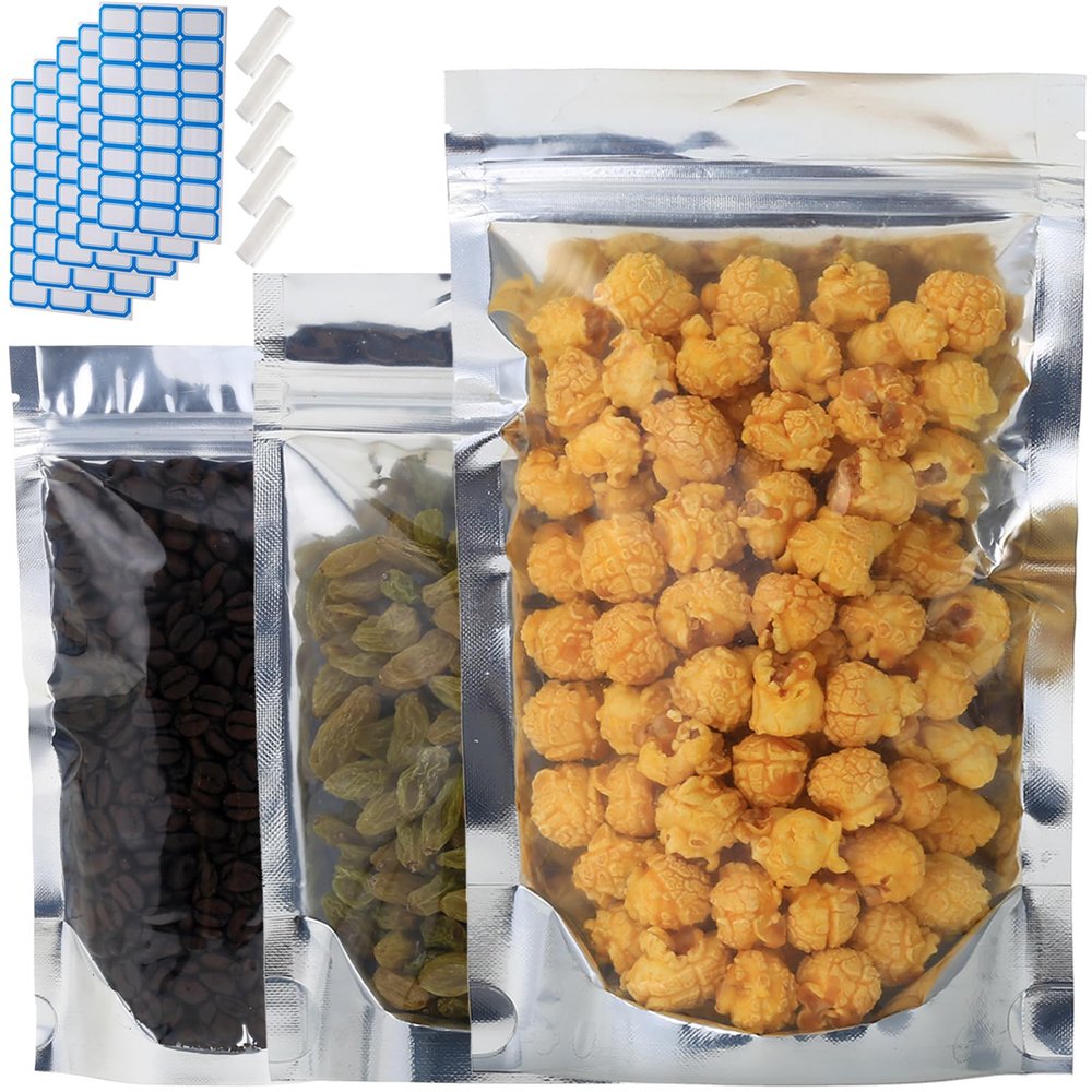 100-Pack Reclosable Large Mylar Bags for Food Storage 6.3" x 9.5" Stand Up Pouch Bags Bulk Resealable Smell Proof Aluminum Silver Foil Bags with Clear Window Kitchen Storage Edible Packaging