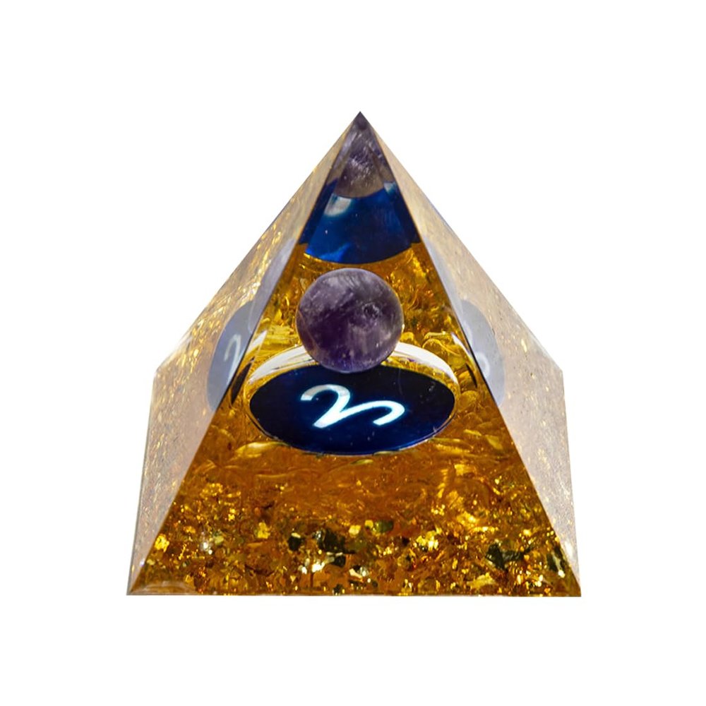 12 Zodiac Orgone Crystal Pyramid, Natural Amethyst Crystal Ball for Aries Zodiac, 2" Orgone Healing Pyramid for Positive Energy Stress Reduce Healing Meditation Attract Wealth Lucky