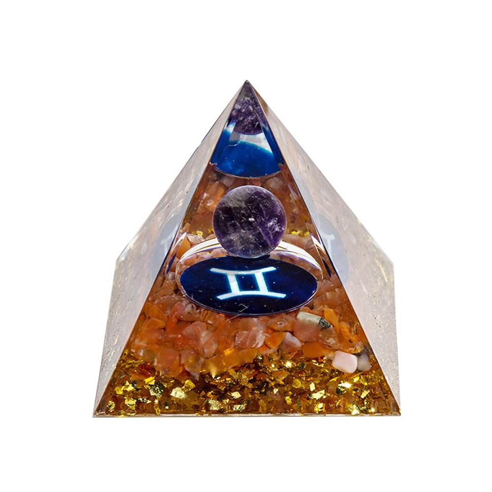 12 Zodiac Orgone Crystal Pyramid, Natural Amethyst Crystal Ball for Gemini Zodiac, 2" Orgone Healing Pyramid for Positive Energy Stress Reduce Healing Meditation Attract Wealth Lucky