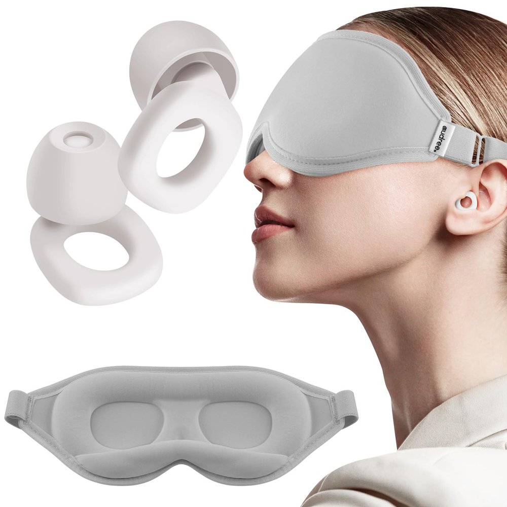 Audree Earplugs- Sleep Mask Set - Noise Cancelling Earplugs and 100% Light Blocking Eye Covers for Sleeping, Travel, Napping, Meditation, Shift Work - Achieve Ultimate Relaxation, White+ Grey