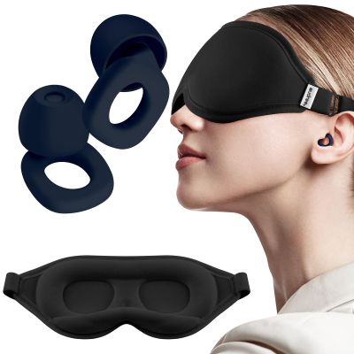 Audree Ear Plugs and Eye Mask for Sleeping - Noise Reduction Earplugs with Reusable Soft Silicone | 100% Light Blocking Sleep Mask for Light Sleeper, Noise Sensitivity Situation, Blue + Black