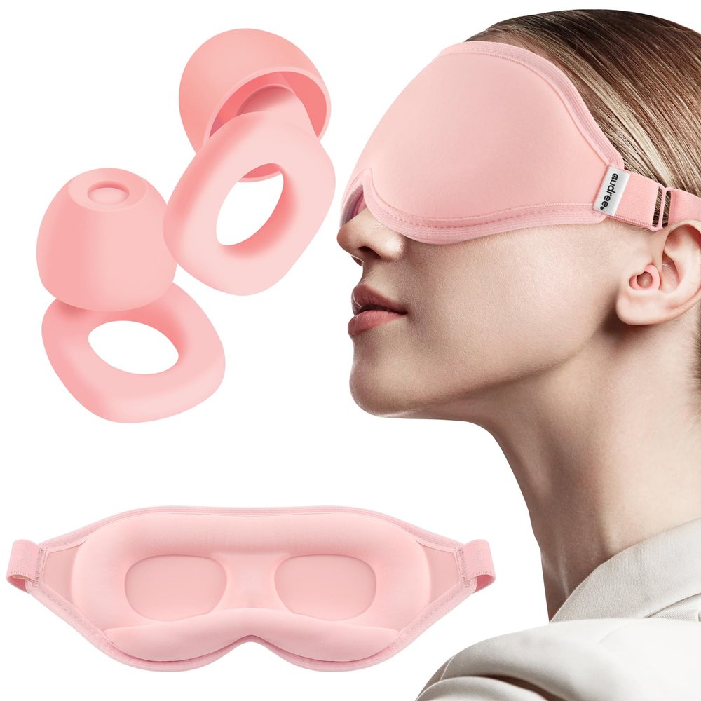 Audree Earplugs-Eye Mask for Sleeping - Complete Sleep Solution with Sleep Ear Plugs and 100% Light Blocking Eye Mask for Men and Women | Ideal for Travel, Napping, Gift, Meditation, Shift Work, Pink