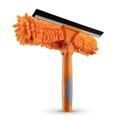 10" Rotating Squeegee with Removable Microfiber Brush 2-in-1 Scrubber and Washer Head for Window and Solar Panel Cleaning, Fits Threaded Extension Poles, Soft, Rewashable Cloth