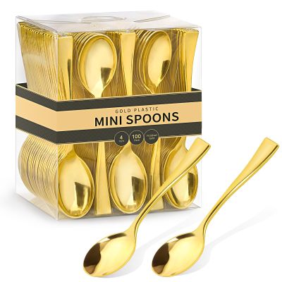 Qeirudu 4 Inch Gold Plastic Mini Spoons, 100 Pack Heavy Duty Small Tasting Spoons for Party Dessert Shooters, Appetizers, Ice Creams, Food Samples, Puddings