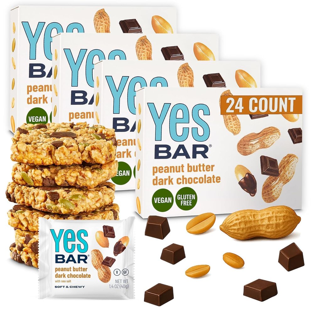 The YES Bar  Peanut Butter Dark Chocolate  Plant Based Protein, Decadent Snack Bar  Vegan, Paleo, Gluten Free, Dairy Free, Low Sugar, Healthy Snack, Breakfast, Low Carb, Keto Friendly (24 Count)