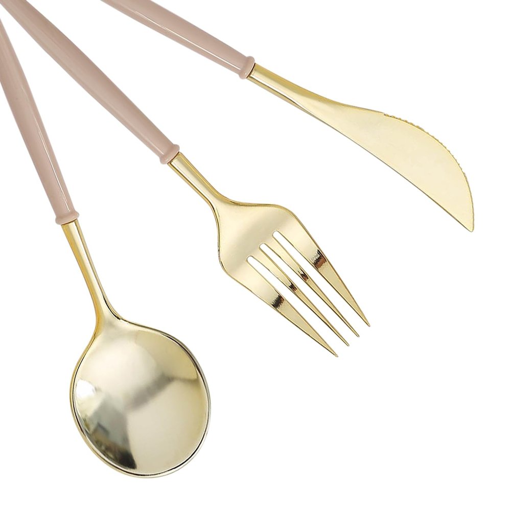 24 Gold Beige Disposable Plastic Cutlery Spoon Fork and Knife Set for Weddings Parties Birthdays Receptions Events Dinnerware Tableware Decorations