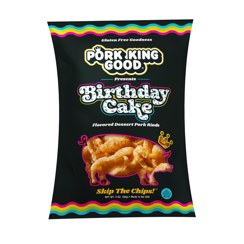 Pork King Good Birthday Cake 3 oz Dessert Flavored Pork Rinds - (4 Pack) Sweet and Salty, Gluten Free Snacks